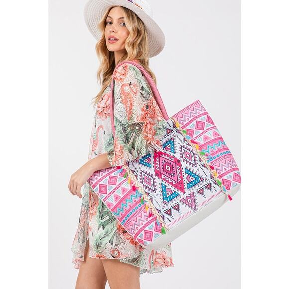 Boho Pattern Print Multi Color Tassels Tote Bag Giveaway - Picture 1 of 9